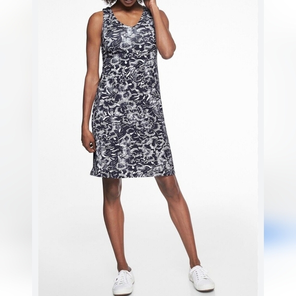 Athleta Santorini Dress V Neck Navy & White Print Midi Stretchy Dress Size Small - Picture 8 of 8